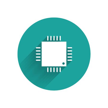 White Computer processor with microcircuits CPU icon isolated with long shadow. Chip or cpu with circuit board sign. Micro processor. Green circle button. Vector Illustrationのイラスト素材