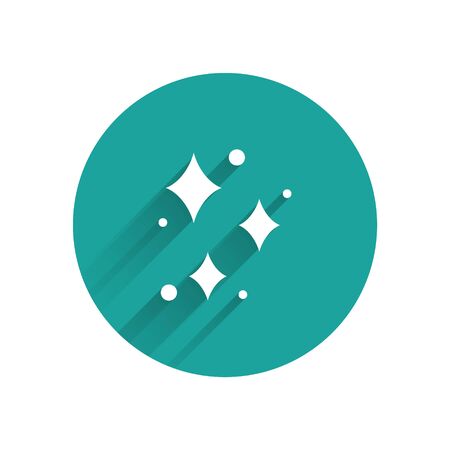 White Sparkle stars with magical glitter particles icon isolated with long shadow. Magic christmas decoration. Green circle button. Vectorのイラスト素材