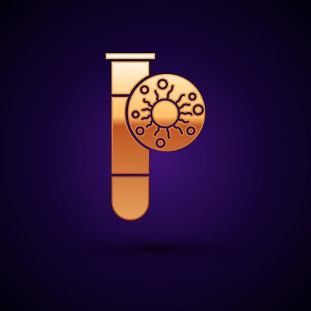 Gold Laboratory glass test tube with virus and bacteria icon isolated on black background. Analysis microorganism, research, diagnosis. Vectorのイラスト素材