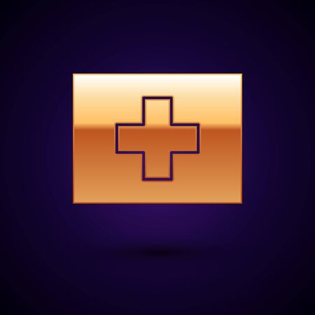 Gold First aid kit icon isolated on black background. Medical box with cross. Medical equipment for emergency. Healthcare concept. Vector Illustrationのイラスト素材