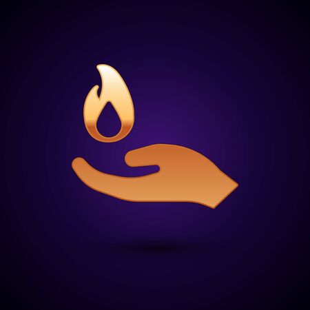 Gold Hand holding a fire icon isolated on black background. Vectorのイラスト素材