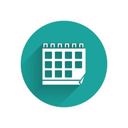 White Calendar icon isolated with long shadow. Event reminder symbol. Green circle button. Vectorのイラスト素材