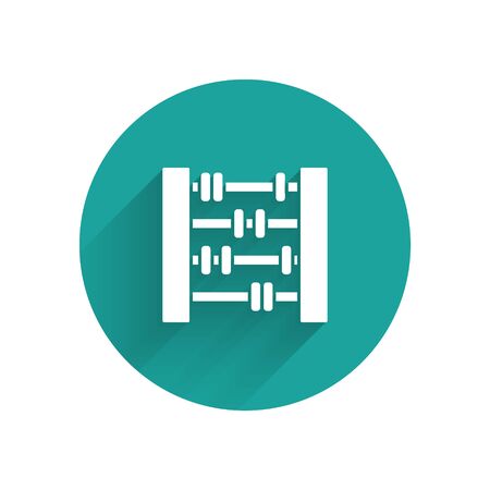 White Abacus icon isolated with long shadow. Traditional counting frame. Education sign. Mathematics school. Green circle button. Vector Illustrationのイラスト素材