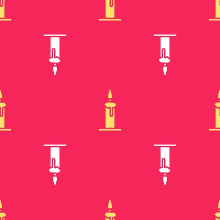 Yellow Burning candle in candlestick icon isolated seamless pattern on red background. Cylindrical candle stick with burning flame. Vector Illustration.のイラスト素材