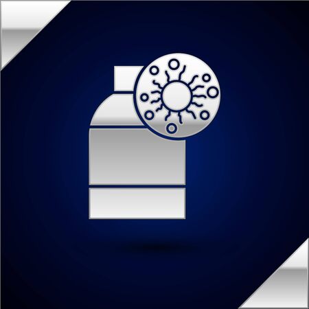 Silver Bottle with virus and bacteria icon isolated on dark blue background. Analysis microorganism, research, diagnosis. Vector Illustration.のイラスト素材