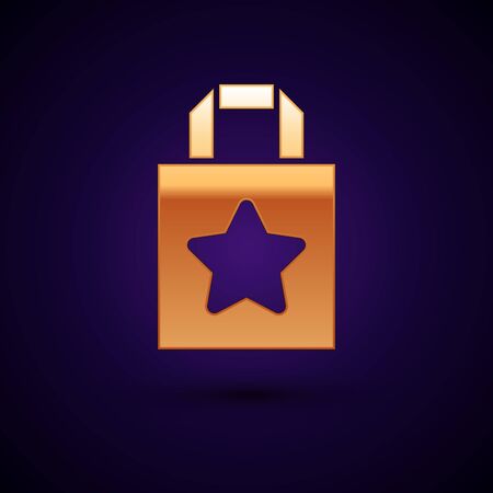 Gold Paper shopping bag icon isolated on black background. Package sign. Vector.のイラスト素材