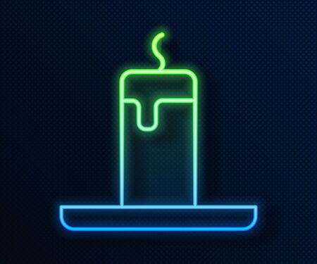 Glowing neon line Burning candle icon isolated on blue background. Cylindrical candle stick with burning flame. Vector.のイラスト素材