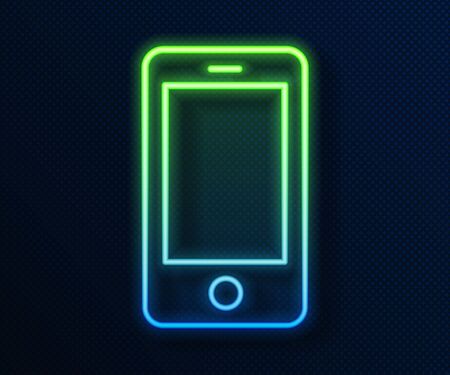 Glowing neon line Smartphone, mobile phone icon isolated on blue background. Vector Illustrationのイラスト素材