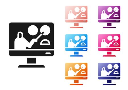 Black Online education and graduation icon isolated on white background. Online teacher on monitor. Webinar and video seminar learning. Set icons colorful. Vector. Illustrationのイラスト素材