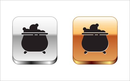 Black Witch cauldron icon isolated on white background. Happy Halloween party. Silver-gold square button. Vector Illustration.のイラスト素材