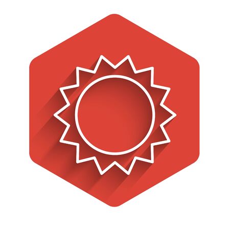 White line Sun icon isolated with long shadow. Summer symbol. Good sunny day. Red hexagon button. Vector Illustration.のイラスト素材
