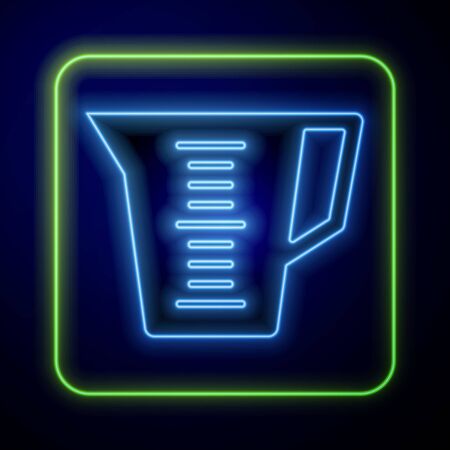 Glowing neon Measuring cup to measure dry and liquid food icon isolated on blue background. Plastic graduated beaker with handle. Vectorのイラスト素材
