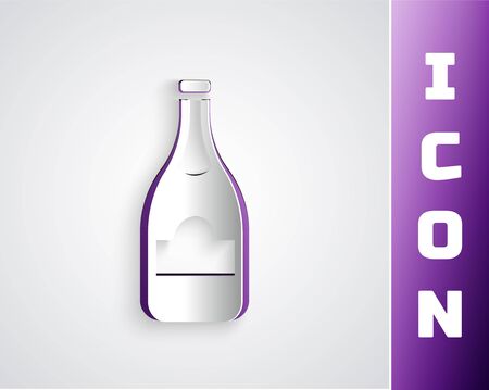 Paper cut Champagne bottle icon isolated on grey background. Paper art style. Vectorのイラスト素材