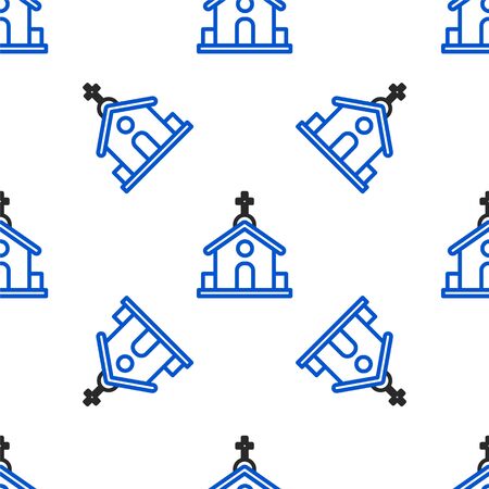 Line Church building icon isolated seamless pattern on white background. Christian Church. Religion of church. Colorful outline concept. Vector.のイラスト素材