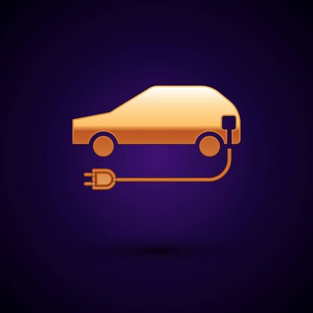 Gold Electric car and electrical cable plug charging icon isolated on black background. Renewable eco technologies. Vector Illustration.のイラスト素材