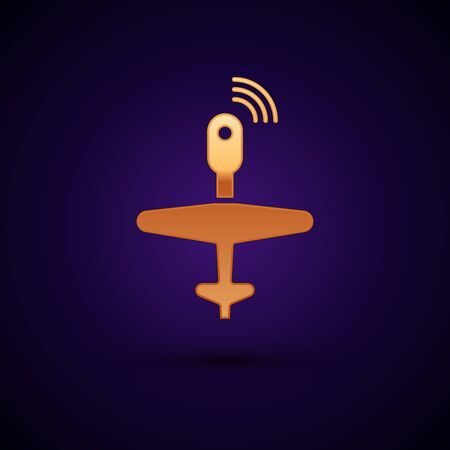 Gold UAV Drone icon isolated on black background. Military Unmanned aircraft spy. Vector Illustrationのイラスト素材