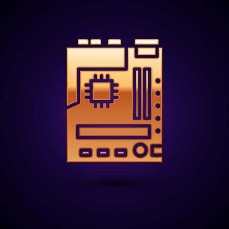 Gold Electronic computer components motherboard digital chip integrated science icon isolated on black background. Circuit board. Vector Illustrationのイラスト素材
