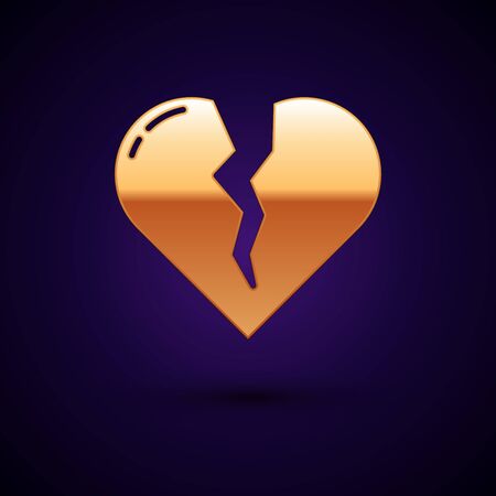 Gold Broken heart or divorce icon isolated on dark blue background. Love symbol. Valentines day. Vector Illustrationのイラスト素材