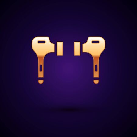 Gold Air headphones icon icon isolated on black background. Holder wireless in case earphones garniture electronic gadget. Vector Illustration.のイラスト素材