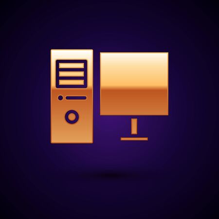 Gold Computer monitor icon isolated on black background. PC component sign. Vector Illustration.のイラスト素材