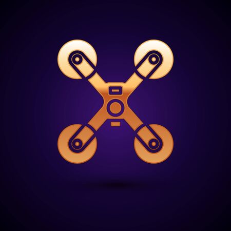Gold Drone flying icon isolated on black background. Quadrocopter with video and photo camera symbol. Vector Illustrationのイラスト素材