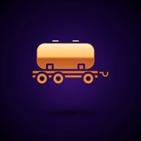 Gold Oil railway cistern icon isolated on black background. Train oil tank on railway car. Rail freight. Oil industry. Vector Illustration.のイラスト素材