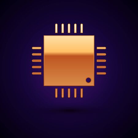 Gold Computer processor with microcircuits CPU icon isolated on black background. Chip or cpu with circuit board sign. Micro processor. Vector Illustration.のイラスト素材