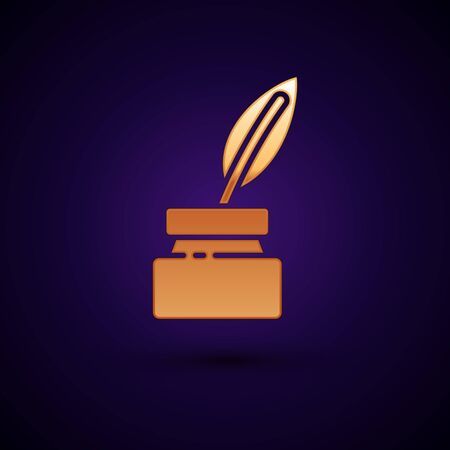 Gold Feather and inkwell icon isolated on black background. Vector Illustrationのイラスト素材