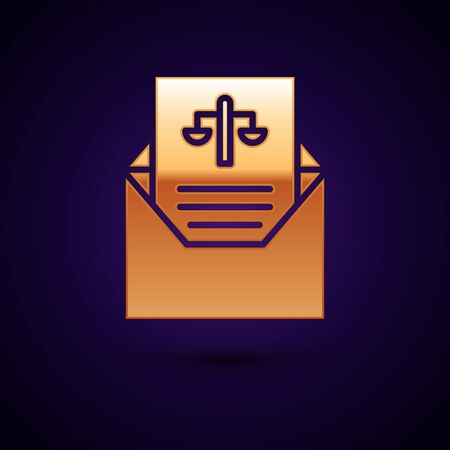 Gold Subpoena icon isolated on black background. The arrest warrant, police report, subpoena. Justice concept. Vector Illustration.のイラスト素材