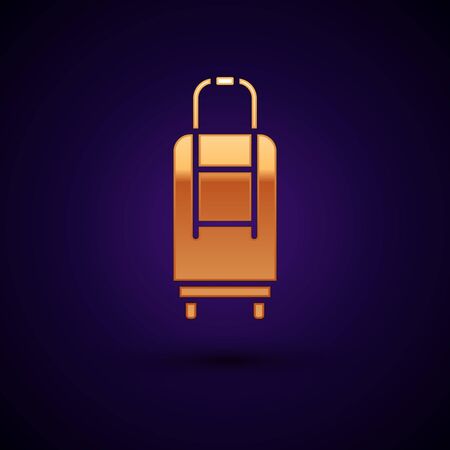 Gold Suitcase for travel icon isolated on black background. Traveling baggage sign. Travel luggage icon. Vector Illustration.のイラスト素材