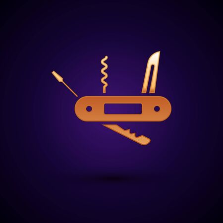 Gold Swiss army knife icon isolated on black background. Multi-tool, multipurpose penknife. Multifunctional tool. Vector Illustrationのイラスト素材