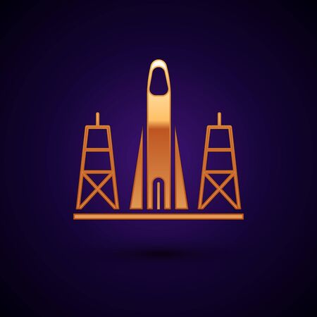 Gold Rocket launch from the spaceport icon isolated on black background. Launch rocket in space. Vector Illustration.のイラスト素材