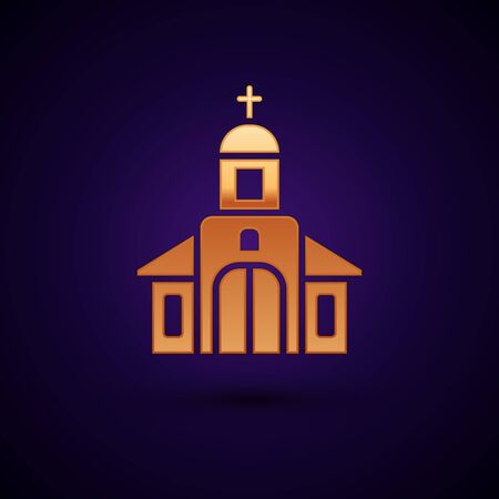 Gold Church building icon isolated on black background. Christian Church. Religion of church. Vector Illustrationのイラスト素材