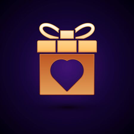 Gold Gift box and heart icon isolated on black background. 8 March. International Happy Women Day. Vector Illustration.のイラスト素材