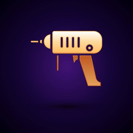 Gold Electric drill machine icon isolated on black background. Repair tool. Vector Illustration.のイラスト素材