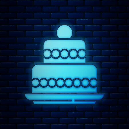 Glowing neon Cake icon isolated on brick wall background. Happy Birthday. Vectorのイラスト素材