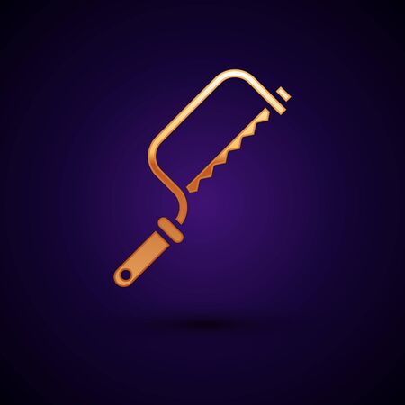 Gold Hacksaw icon isolated on black background. Metal saw for wood and metal. Vector Illustrationのイラスト素材