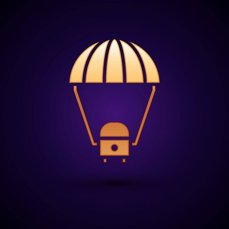 Gold Space capsule returning to earth via parachute icon isolated on black background. Vector Illustrationのイラスト素材