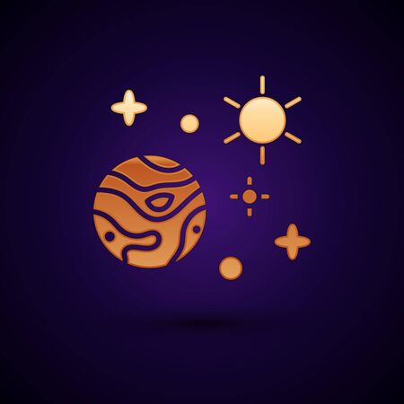 Gold Space and planet icon isolated on black background. Planets surface with craters, stars and comets. Vector Illustrationのイラスト素材