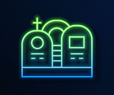 Glowing neon line Grave with tombstone icon isolated on blue background. Vectorのイラスト素材