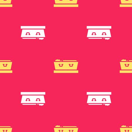 Yellow Open coffin with dead deceased body icon isolated seamless pattern on red background. Funeral after death. Corpse in an open hearse for burial. Vectorのイラスト素材
