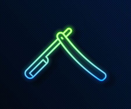 Glowing neon line Straight razor icon isolated on blue background. Barbershop symbol. Vector Illustrationのイラスト素材