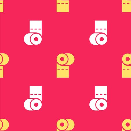 Yellow Toilet paper roll icon isolated seamless pattern on red background. Vector Illustrationのイラスト素材