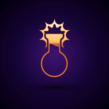 Gold Test tube and flask icon isolated on black background. Chemical laboratory test. Laboratory glassware.  Vector.のイラスト素材