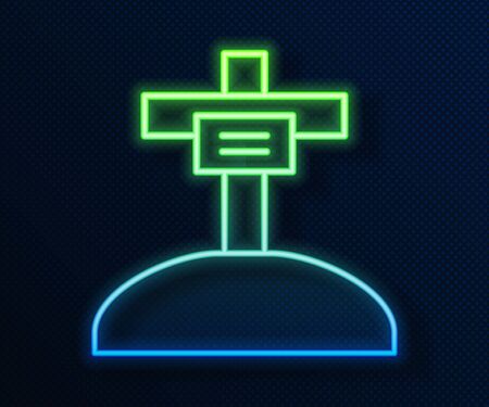 Glowing neon line Grave with cross icon isolated on blue background. Vector.のイラスト素材