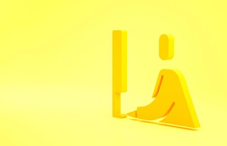 Yellow Student working at laptop icon isolated on yellow background. Workplace concept. Minimalism concept. 3d illustration 3D renderの写真素材