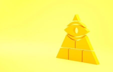 Yellow Masons symbol All-seeing eye of God icon isolated on yellow background. The eye of Providence in the triangle. Minimalism concept. 3d illustration 3D renderの写真素材
