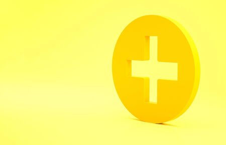 Yellow Cross hospital medical icon isolated on yellow background. First aid. Diagnostics symbol. Medicine and pharmacy sign. Minimalism concept. 3d illustration 3D renderの写真素材