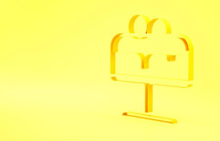 Yellow Cake on plate icon isolated on yellow background. Happy Birthday. Minimalism concept. 3d illustration 3D render.の写真素材