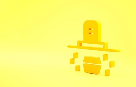 Yellow Grave with tombstone and coffin icon isolated on yellow background. Minimalism concept. 3d illustration 3D render.の写真素材